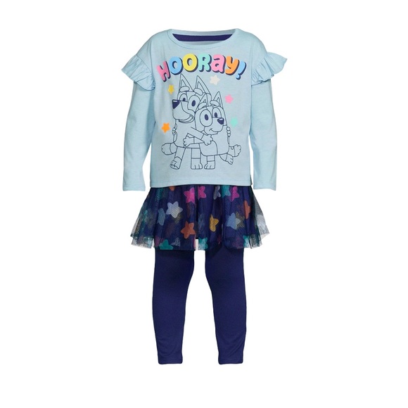 New Bluey Toddler Girl Set, 4-Piece, Shirt, Pant, Skirt, Hair Scrunchie, Size 3T - Picture 1 of 6